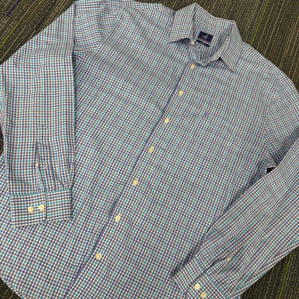 johnnie-O Button Down Shirt Mens Large Blue Gingham Excellent Long Sleeve Pocket